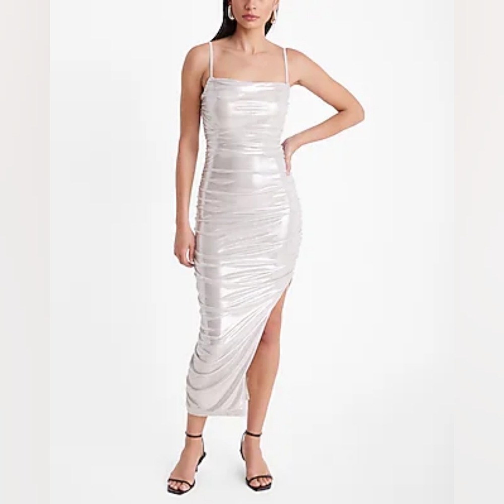 Metallic Ruched Side Slit Midi Dress